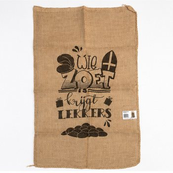 大型圣尼古拉斯黄麻礼品袋 - 印有标语：WIE ZOET IS KRIJGT LEKKERS - 约 60 x 100 厘米（1件装）