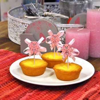 新生儿纸杯蛋糕装饰插签 - 粉色小熊 (12支入)